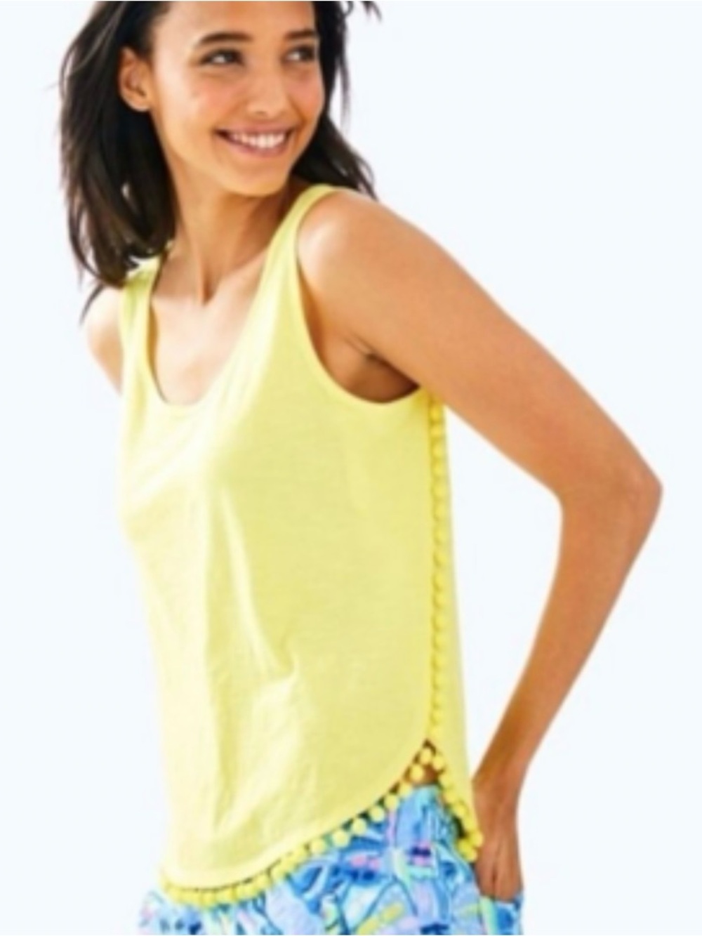 LILLY PULITZER McKee Lemon Yellow Sleeveless Tank Top Pom Trim Women’s